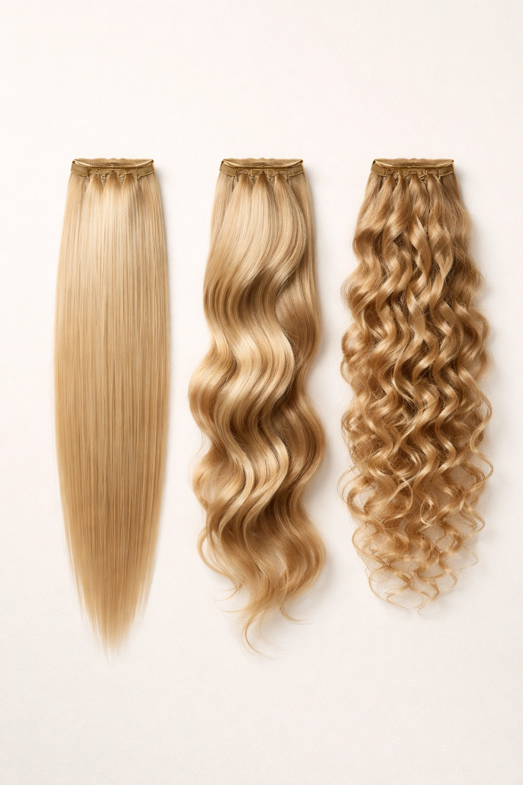 Three hair extension strands in different textures arranged on a plain background