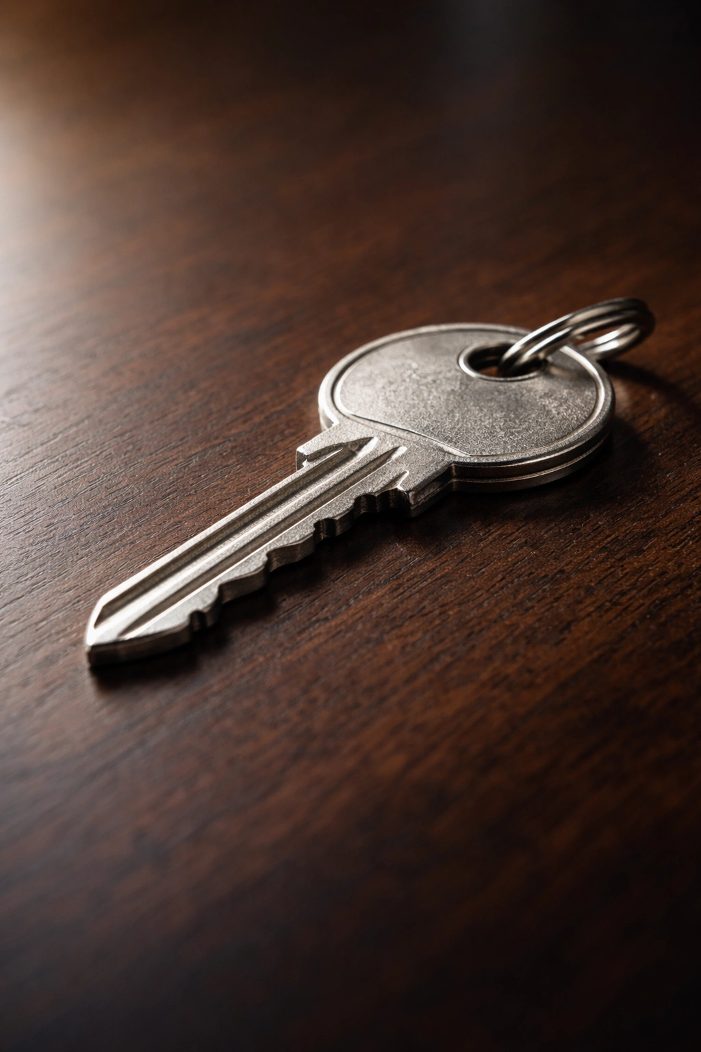 12 Faux Loc Styles And How Long Each One Lasts 13 Close-up of a single metallic key on dark wood, symbolizing key takeaways for faux locs maintenance and timelines