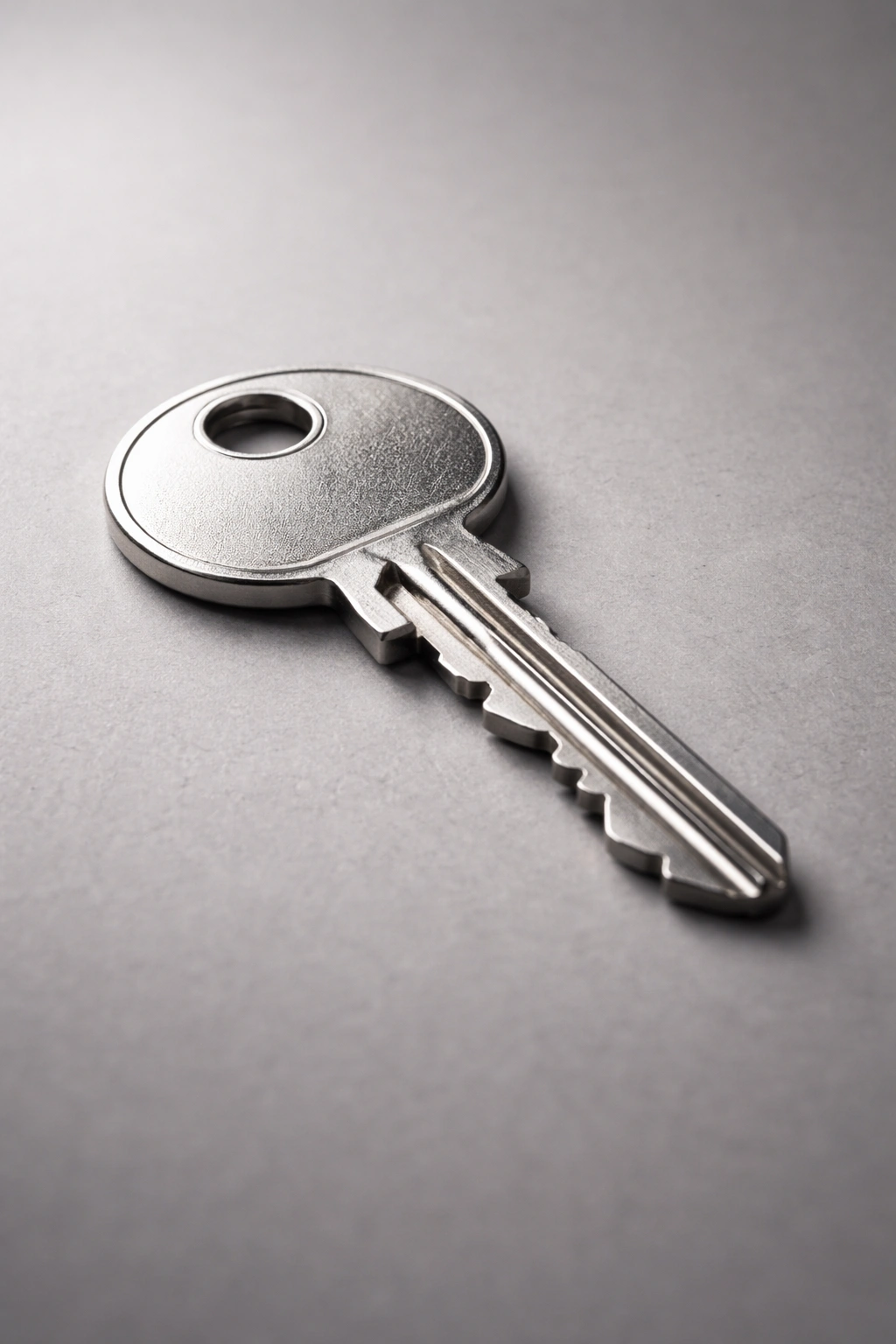 Close-up of a metallic key on a neutral gray background symbolizing key takeaways about hair color attractiveness