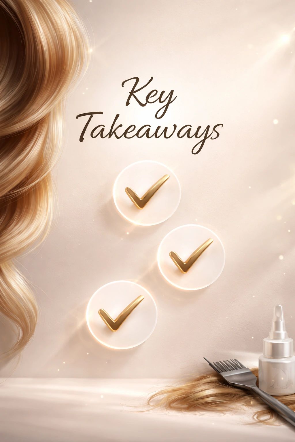Three minimalist checkmarks symbolizing key takeaways from hair dye guide, abstract no text