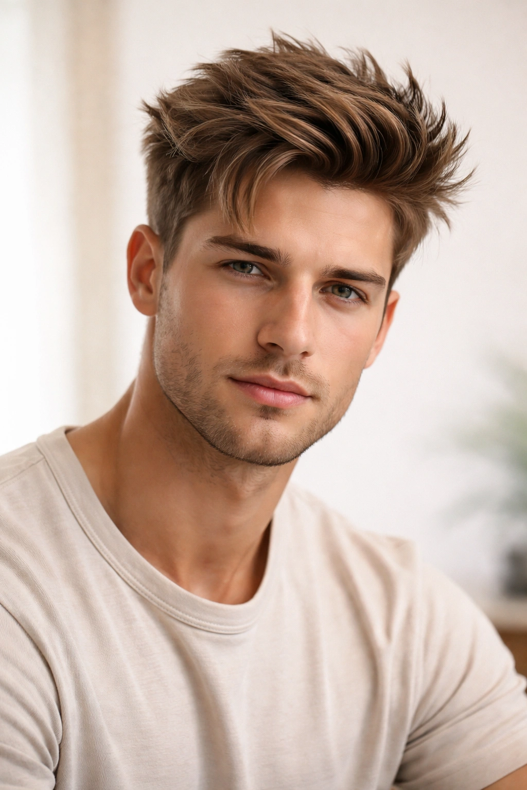 Portrait of a straight-haired person with a textured, voluminous cut showcasing versatility