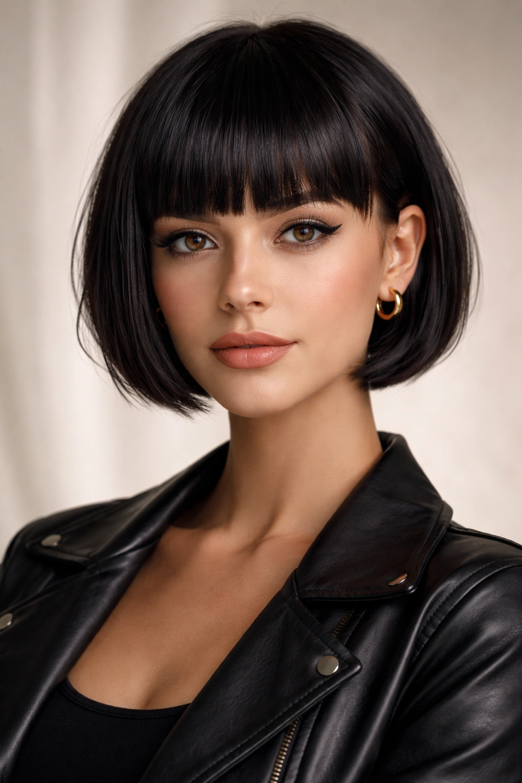 10 Short Haircuts With Thick Blunt Bangs To Try 11 Head-and-shoulders portrait of bold short cut with thick blunt bangs