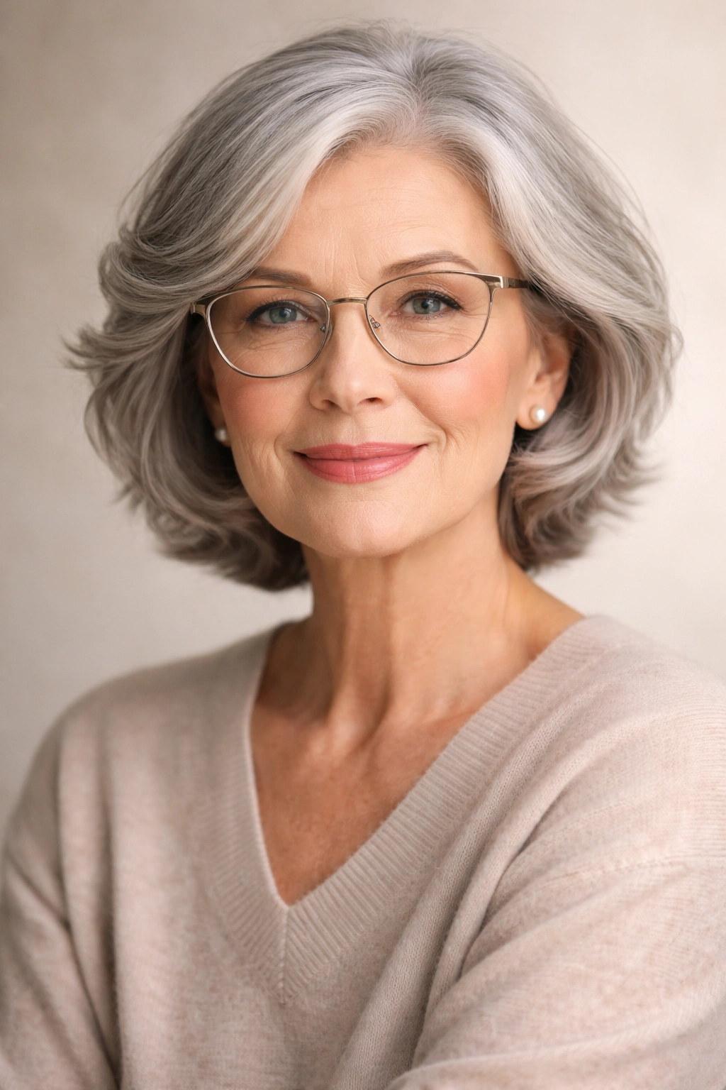 Confident older woman with gray hair in a studio portrait