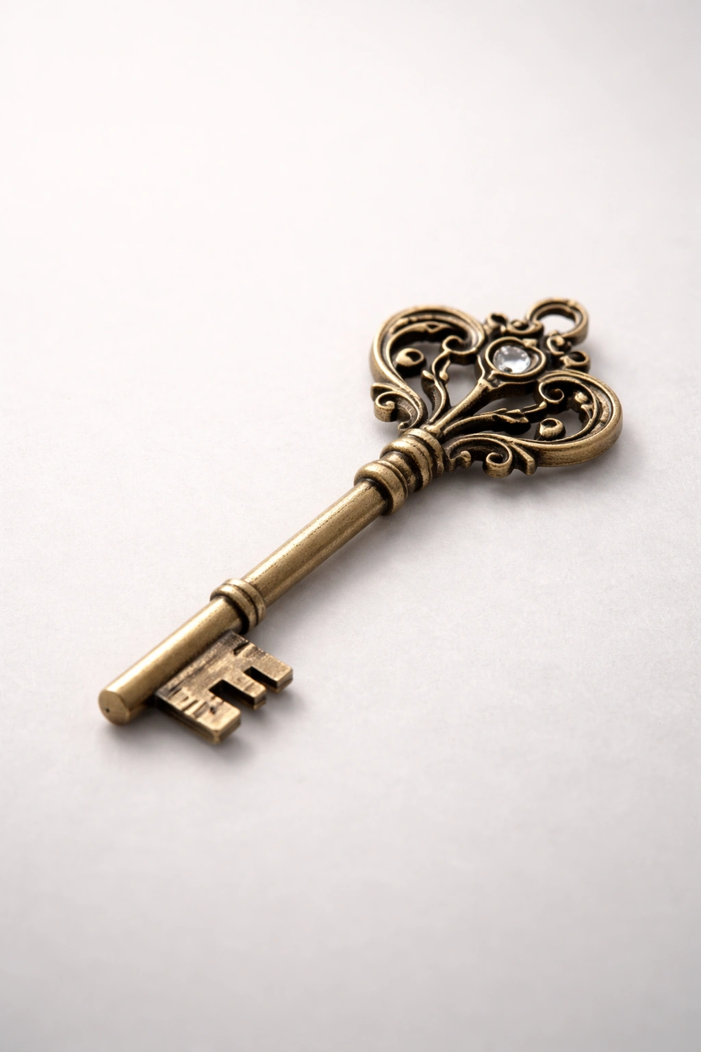 Close-up of an ornate key on a light background symbolizing key takeaways about hairstyles for women over 60 with fine hair.
