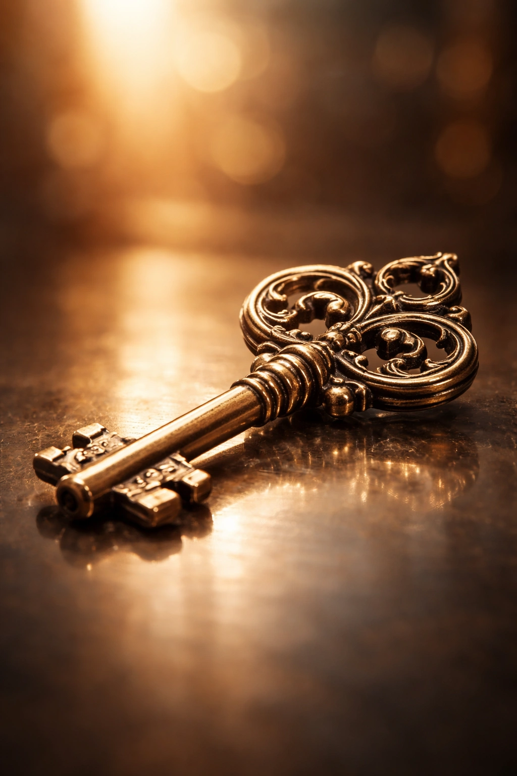 Ornate key on a reflective surface with warm backlighting