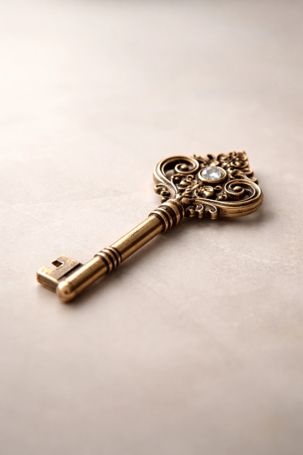 Close-up of a single ornate key on a neutral surface symbolizing essential takeaways