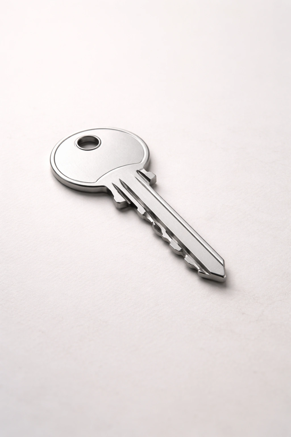 Single metallic key symbolizing essential takeaways on a clean surface