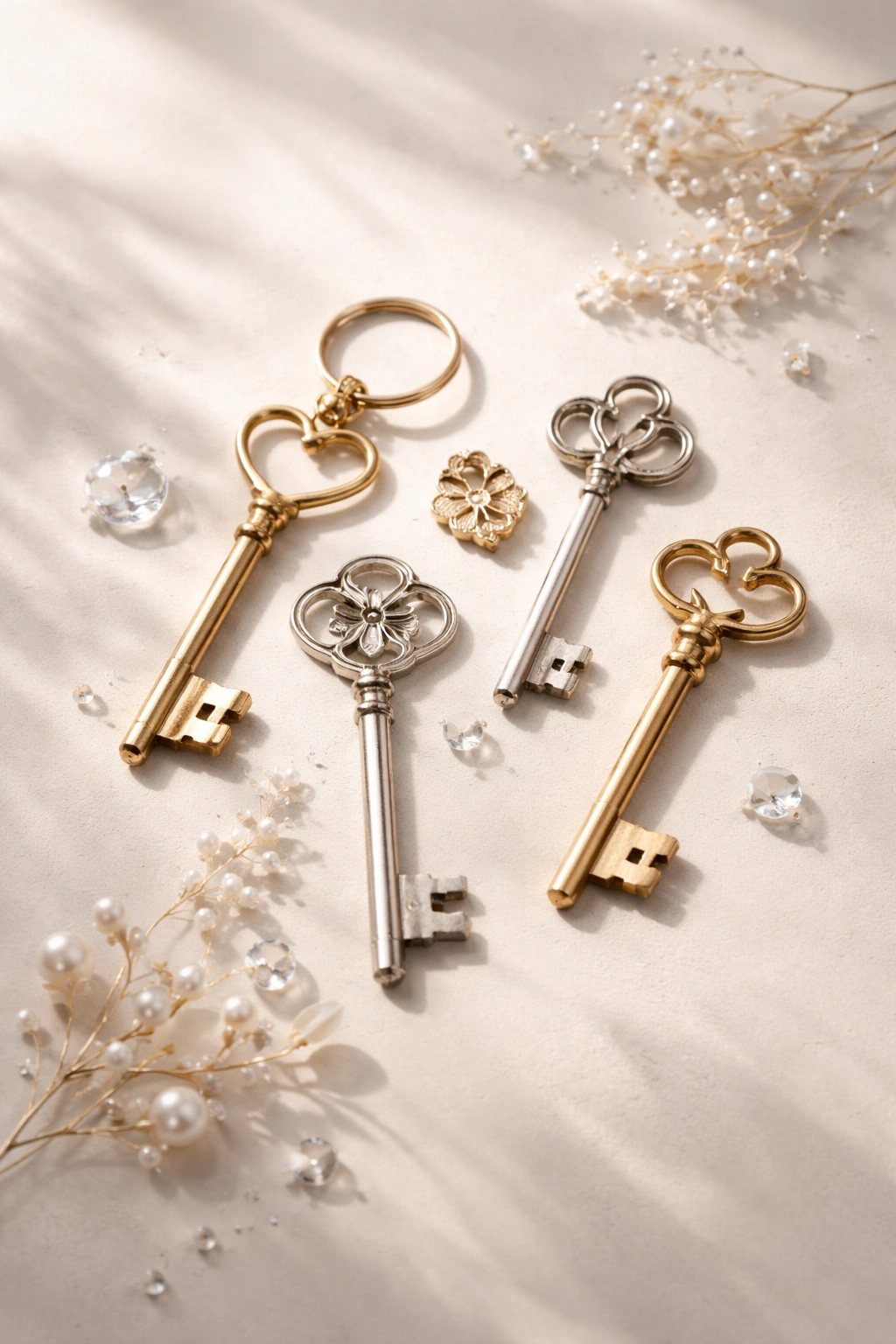Abstract keys arrangement symbolizing takeaways on neutral surface