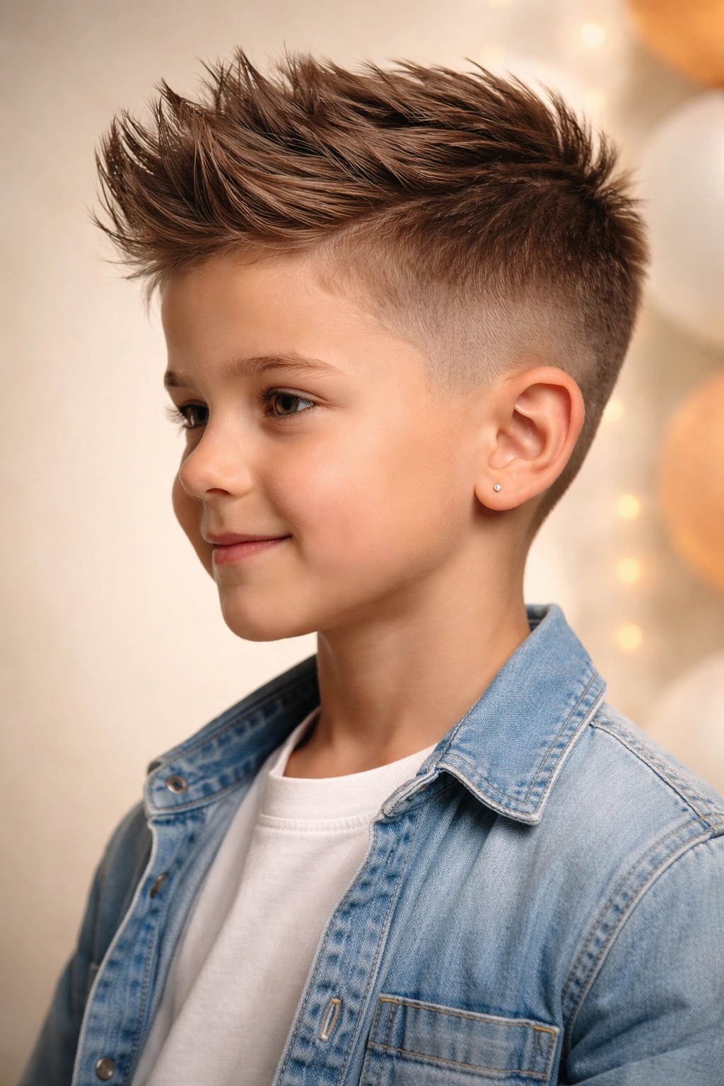 Close-up of a young boy's head with a modern textured birthday hairstyle in a studio