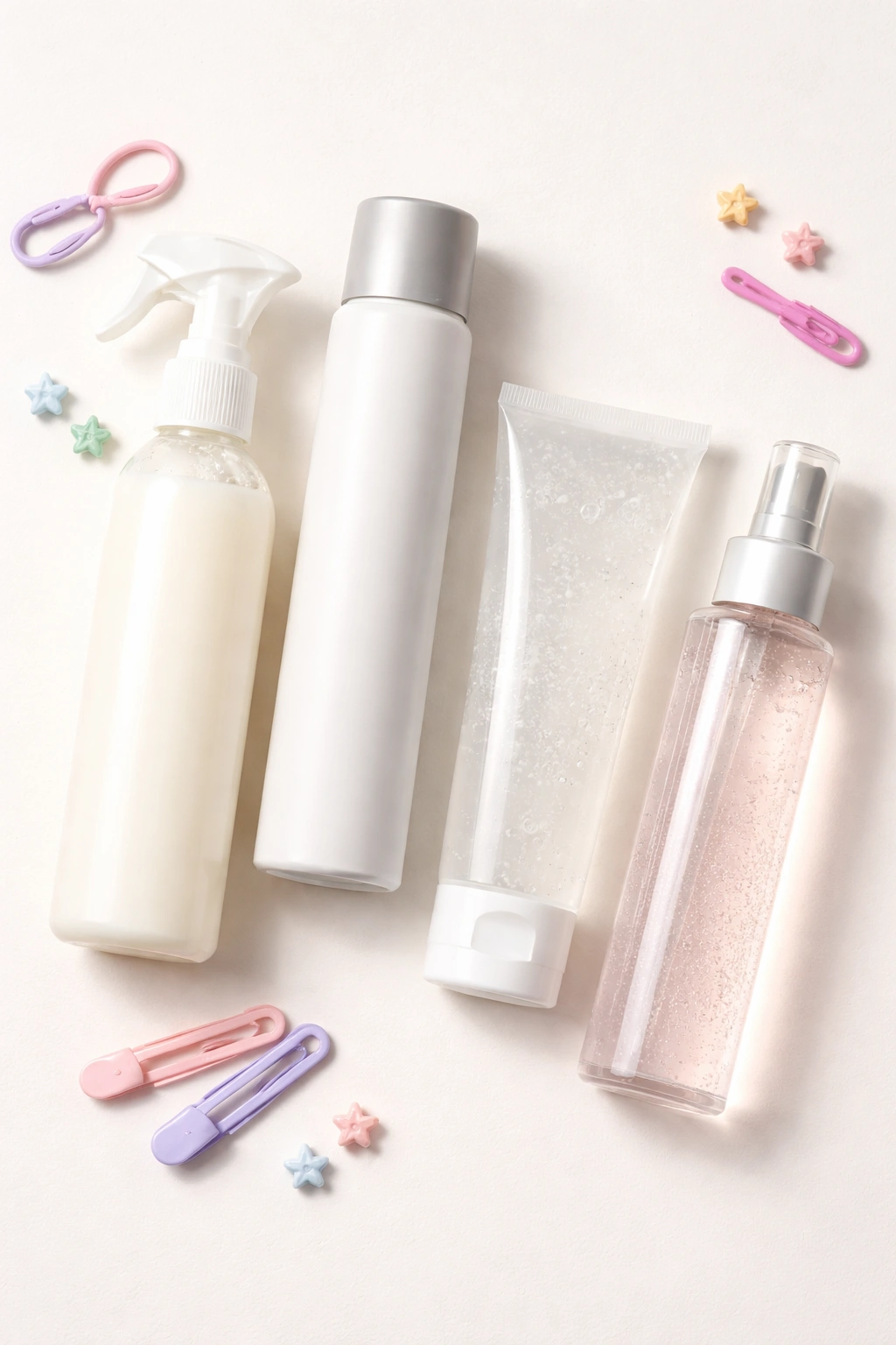 Assorted label-free hair care bottles for kids' school hairstyles