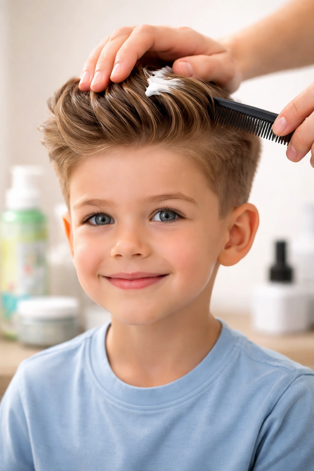 Hands styling a boy's hair with product and comb.