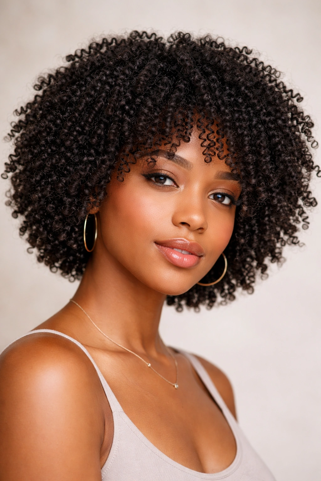 Close-up of kinky coils in a short, dense curled bob showing natural shrinkage