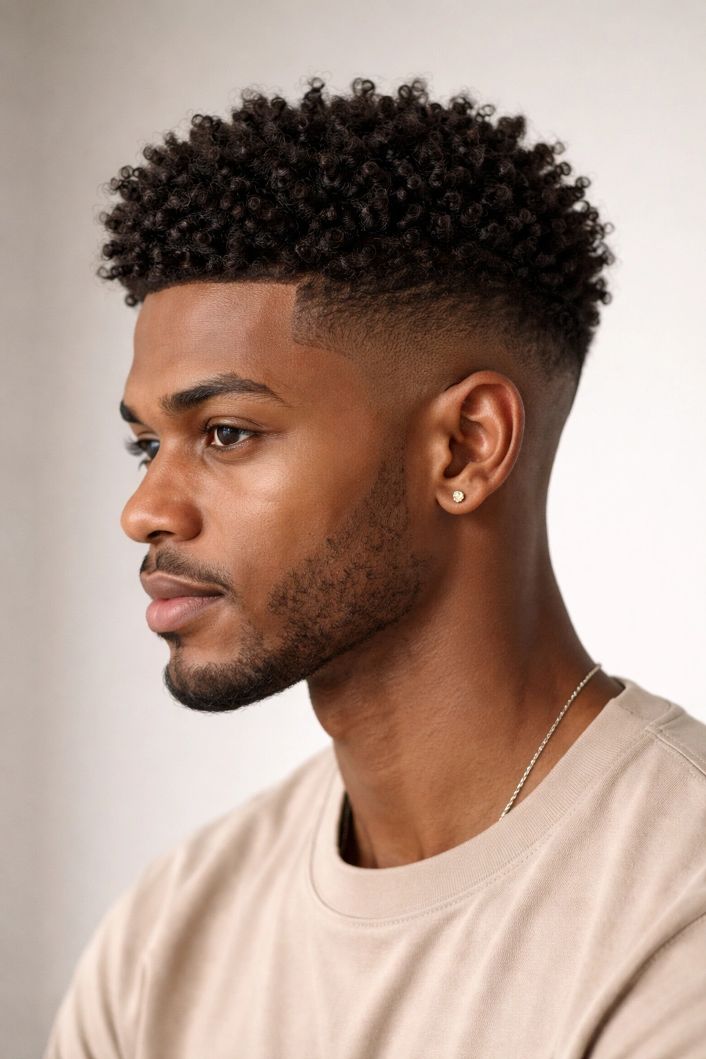 Head-and-shoulders of The Kinky-Coily Fade with tight curls on top and crisp fade
