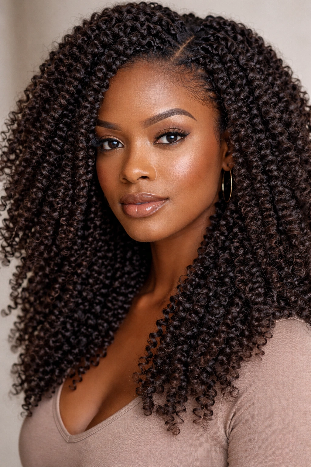 Close-up of kinky curly crochet braids with defined coils and moisture