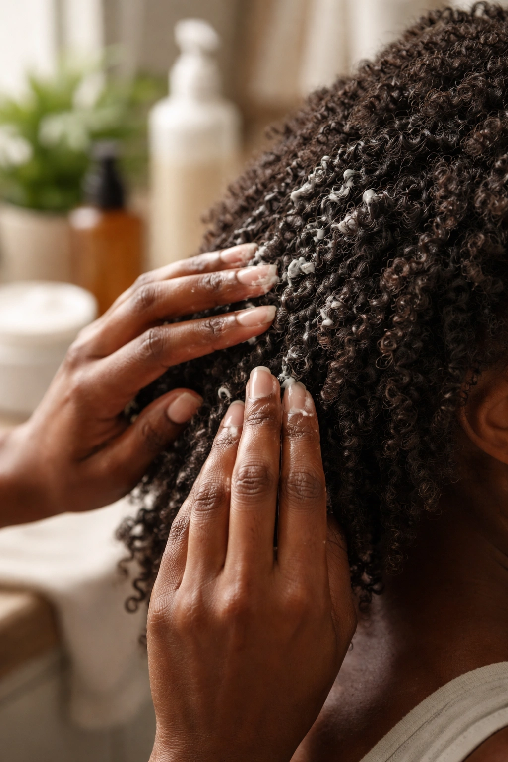 Close-up of hands moisturizing tightly coiled kinky hair.