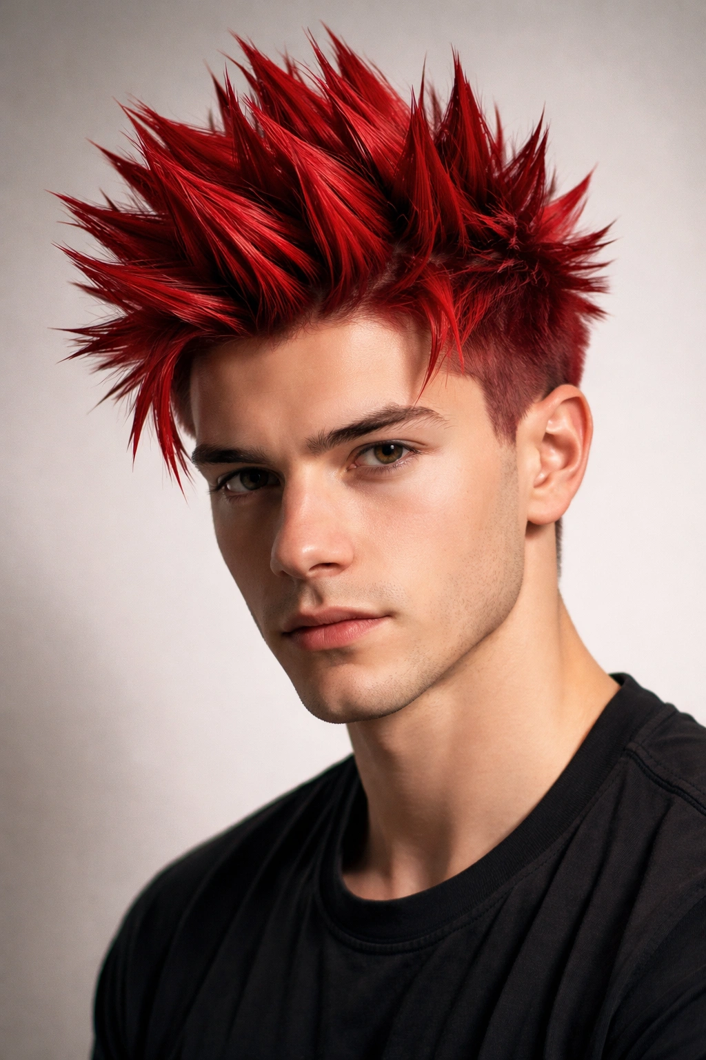 Close-up of Kirishima red spike hairstyle with 2-3 inch upward spikes.