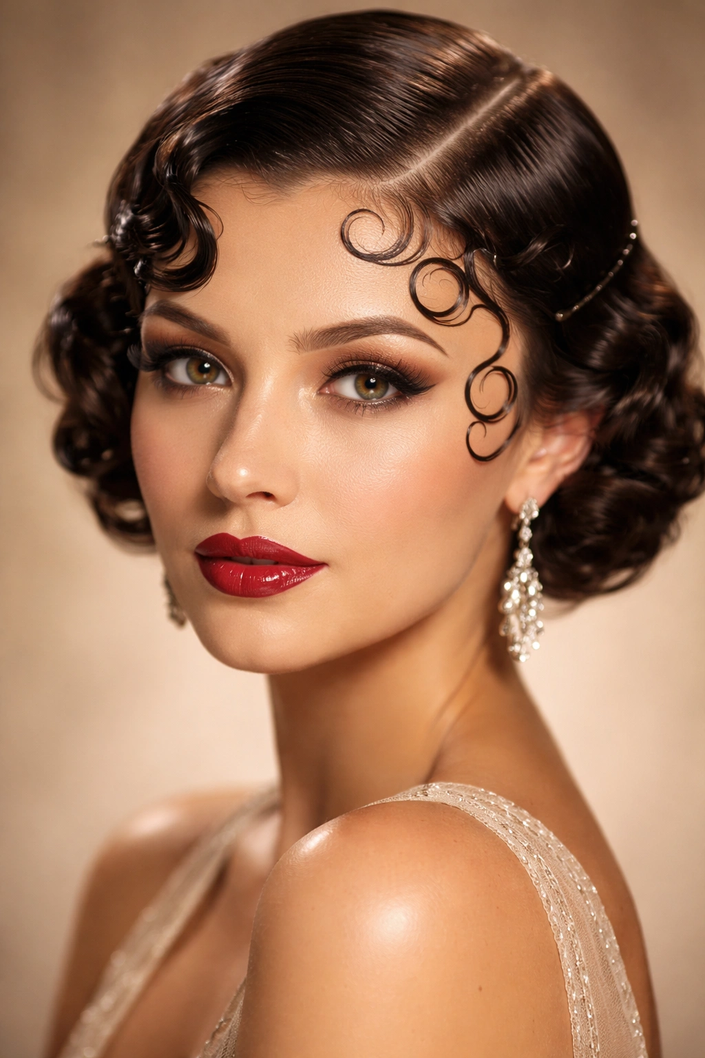 Close-up of a woman with kiss curls along the hairline in a studio portrait