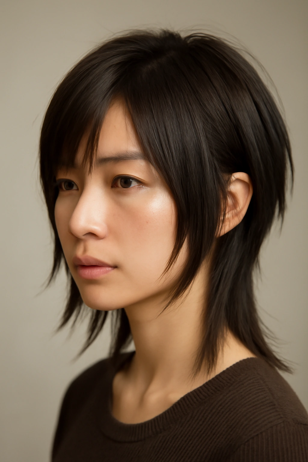 12 Japanese Hairstyles That Are Trending Right Now 3 Portrait of a person with Kitsune (Fox) Cut featuring sharp, angled layers and asymmetry