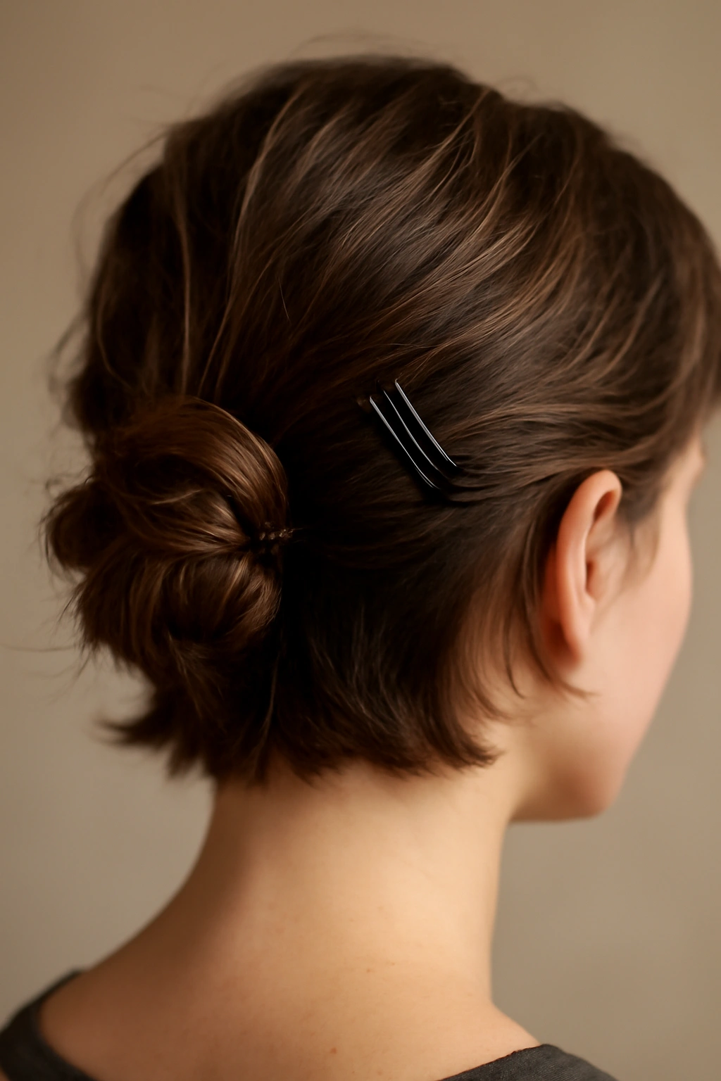 8 Messy Bun Ideas for Short Hair That Actually Stay 7 Close-up of a short-haired bun with a small base knot and wrapped hair secured by bobby pins