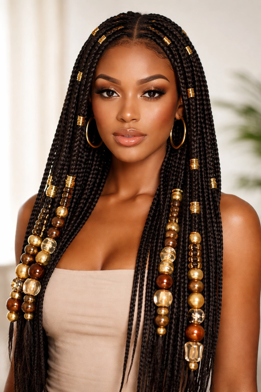 Knotless braids featuring chunky beads and gold accents