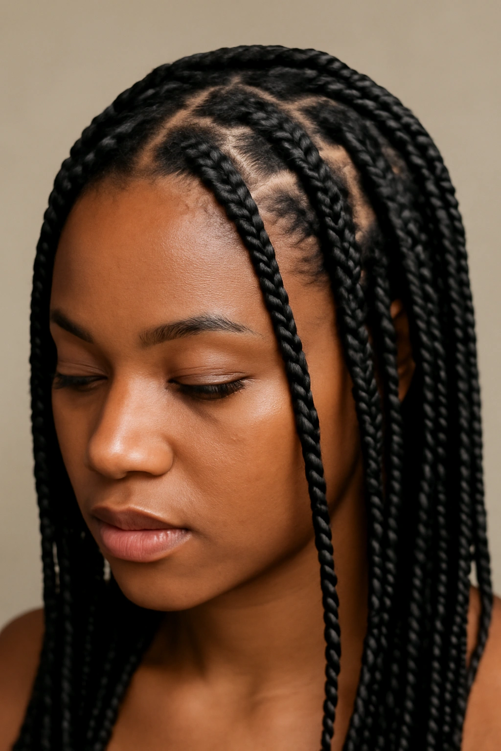 10 Knotless Braid Styles From Short Bobs to Long 1 Close-up of knotless box braids with square sections and smooth scalp.