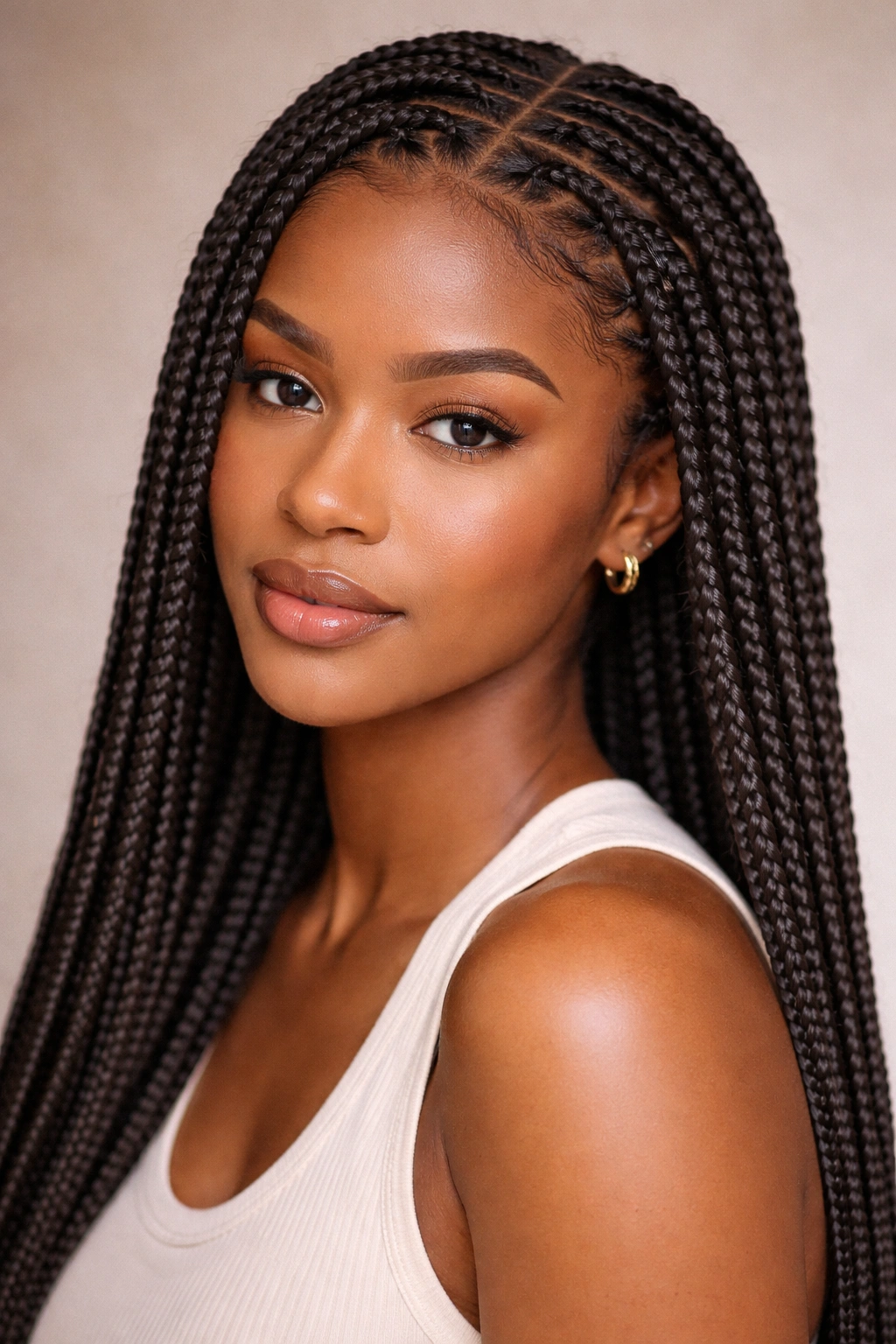 Close-up of knotless box braids on fine coily hair with visible scalp