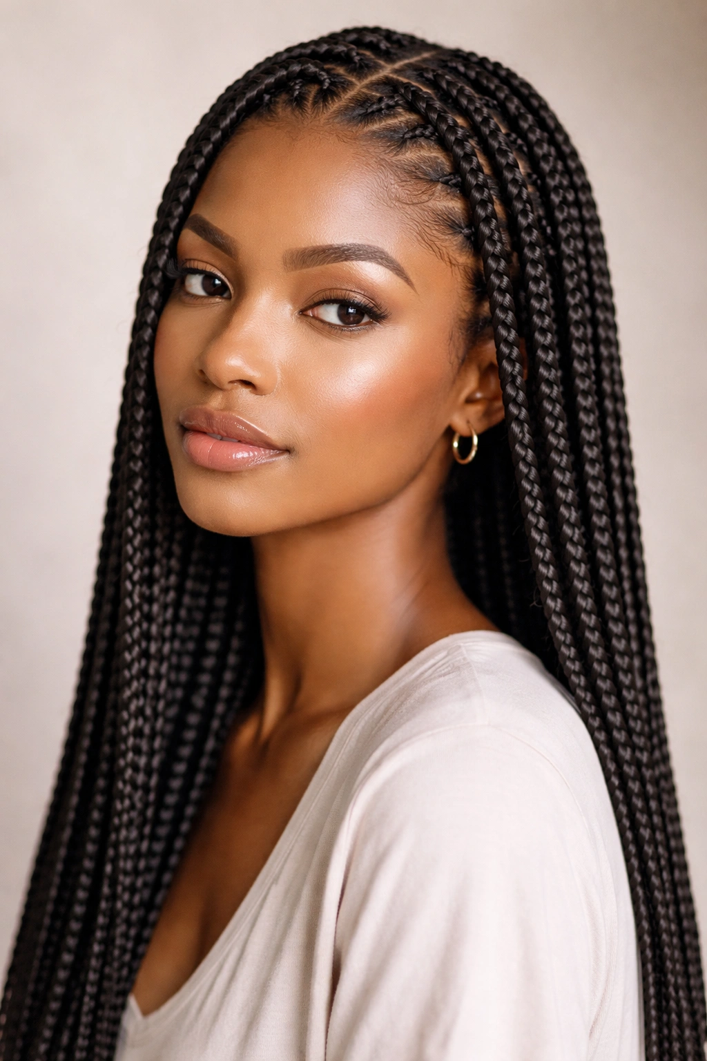 Head-and-shoulders portrait of knotless box braids