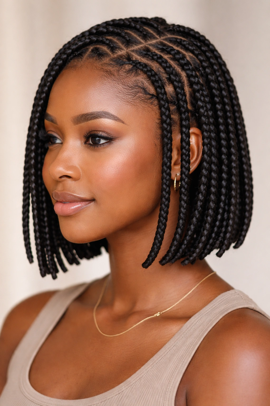 Knotless box braids on short hair showing seamless scalp transition