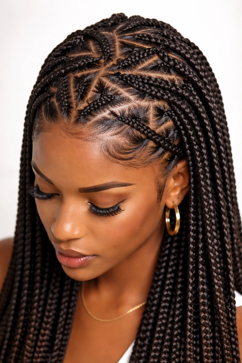 Knotless box braids showing zig-zag and triangle parting on the scalp