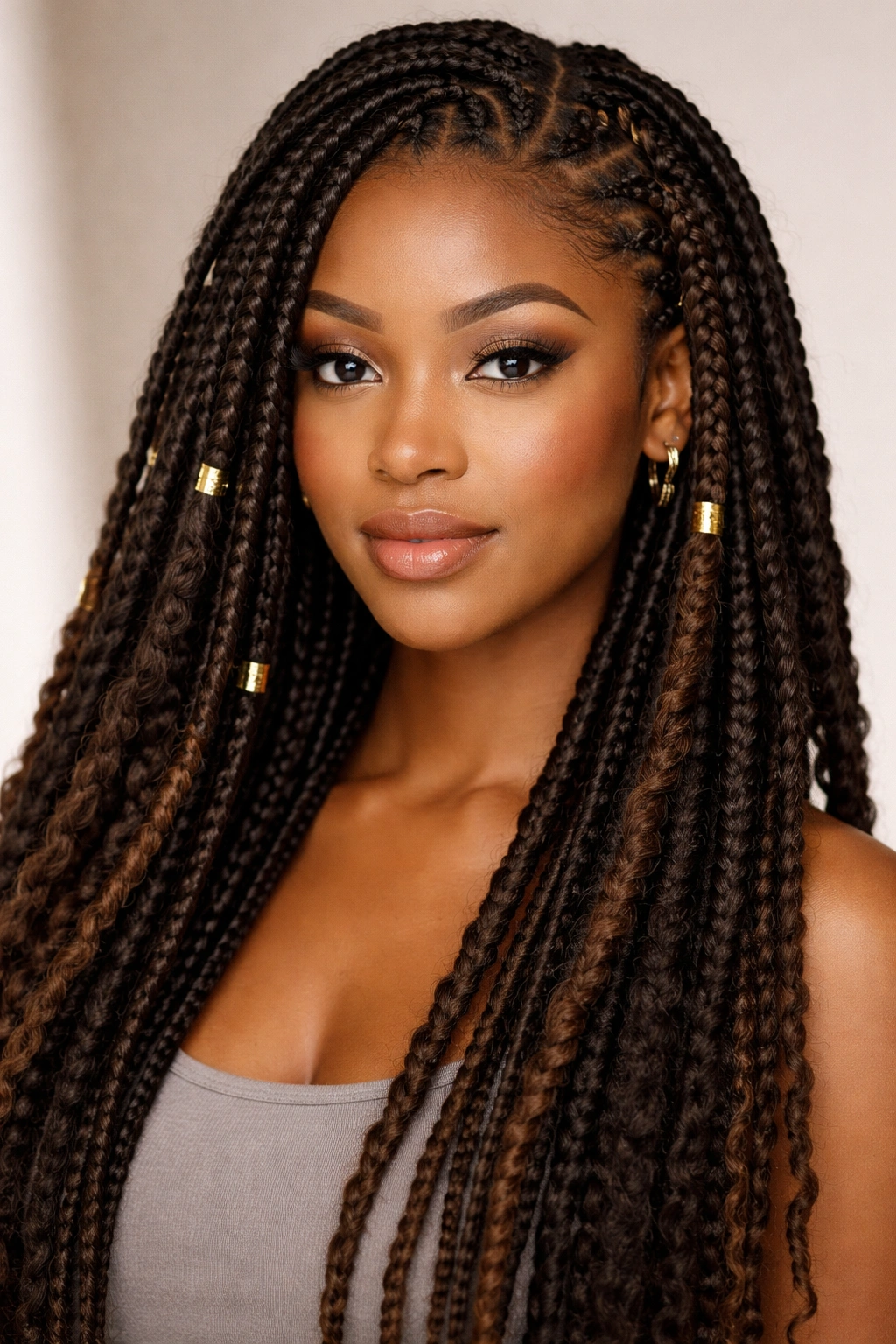 Close-up of knotless braids with faux locs showing contrasting textures