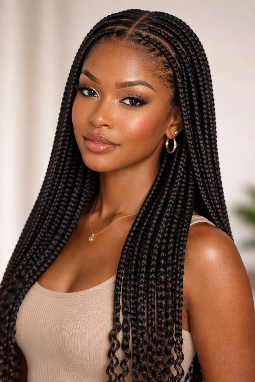 Close-up of sleek knotless braids with a root-to-tip feed-in gradient