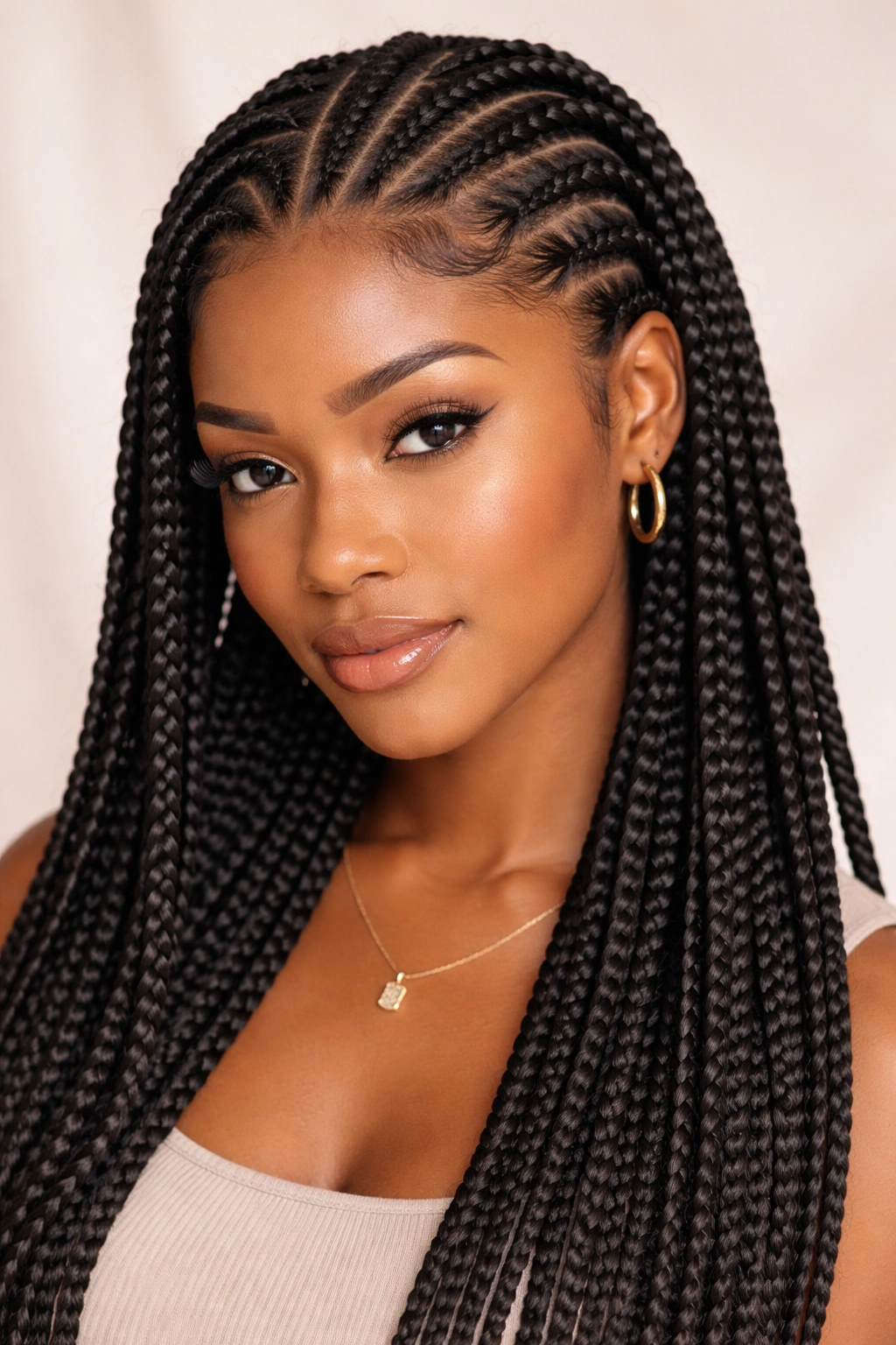 Close-up of knotless braids at the scalp with flat roots.