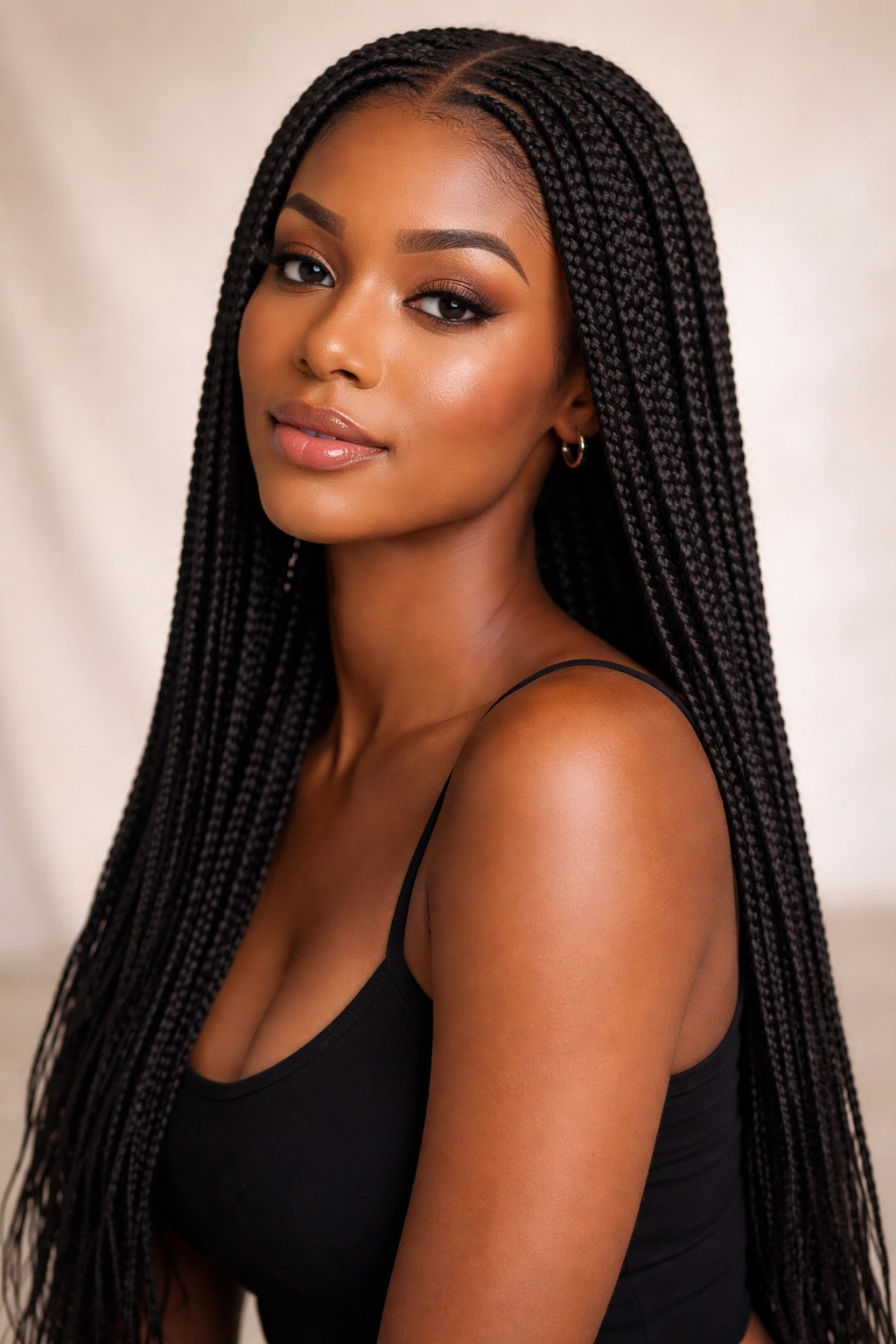 Close-up of knotless braids along the scalp with a seamless part.