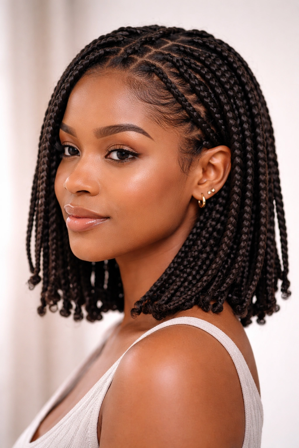 Close-up of short knotless braids with seamless root-to-tip blend