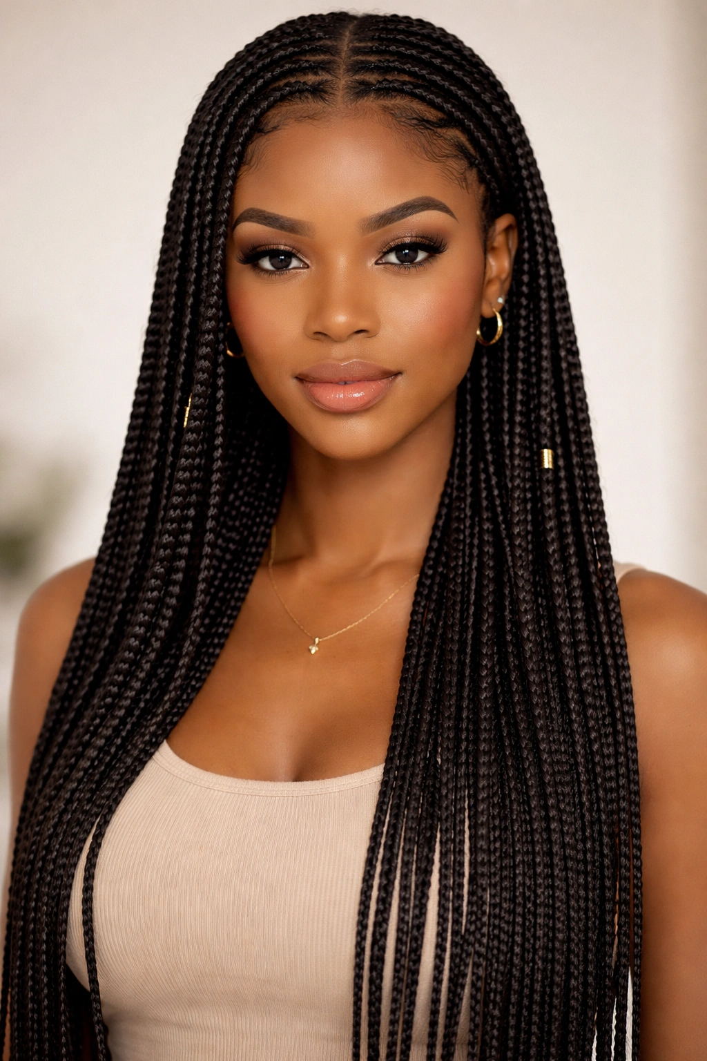 25 Braided Hairstyles For Black Women To Bookmark 16 Front view of knotless braids with smooth roots and clean braid texture