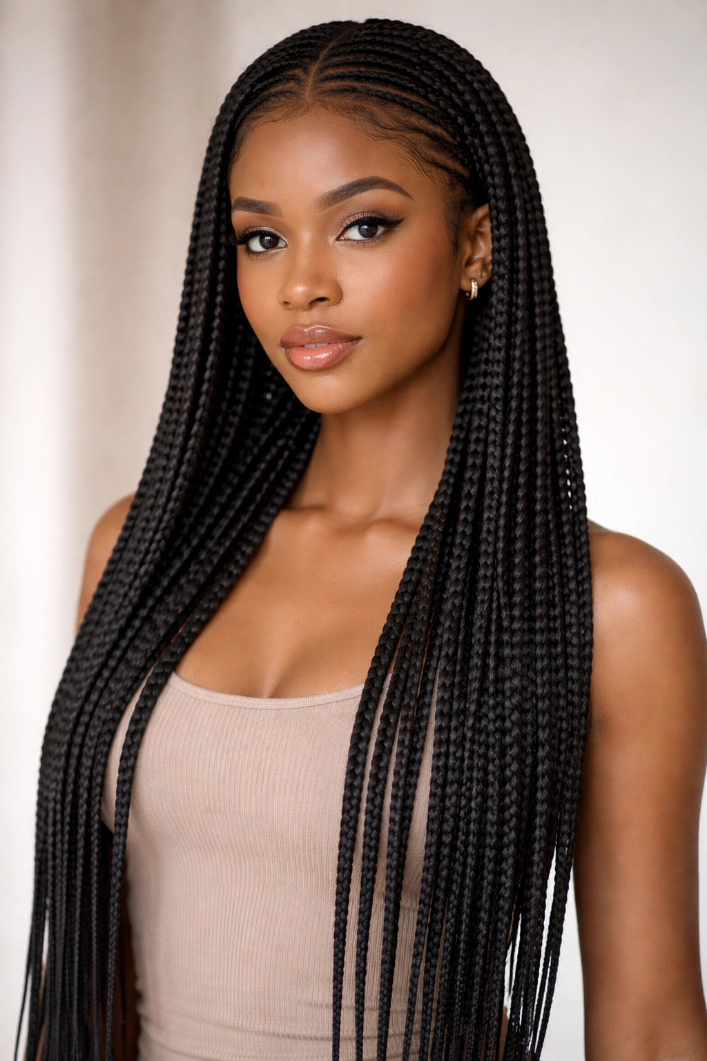 Long knotless braids flowing from scalp with uninterrupted, smooth lines