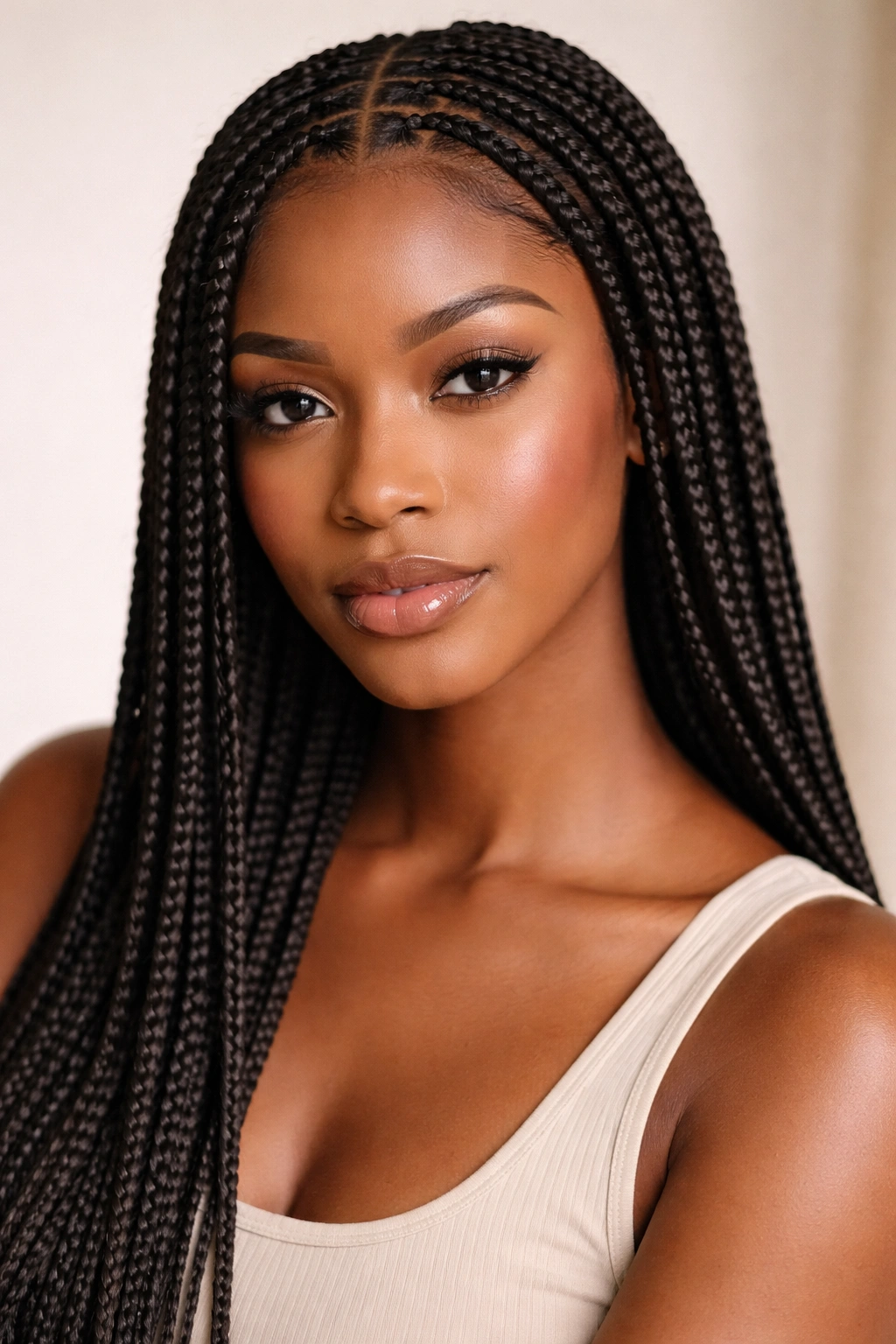 Close-up of knotless braids showing a flat, natural-looking base blending with hair