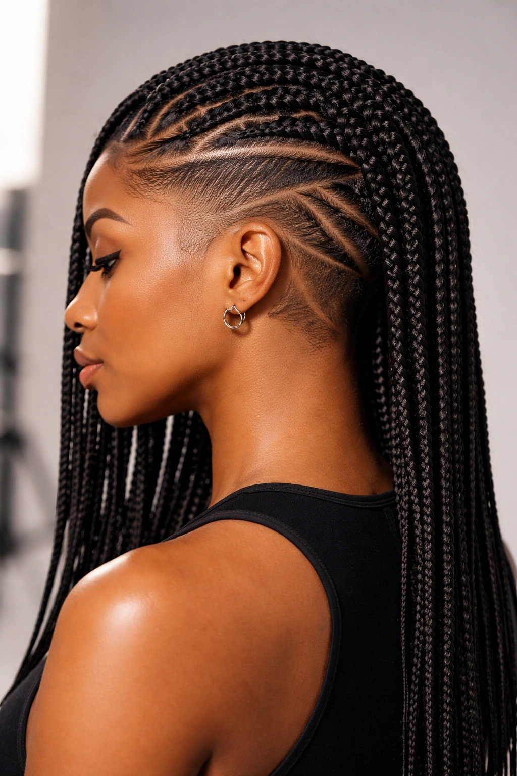 Close-up of knotless braids with shaved undercut at nape