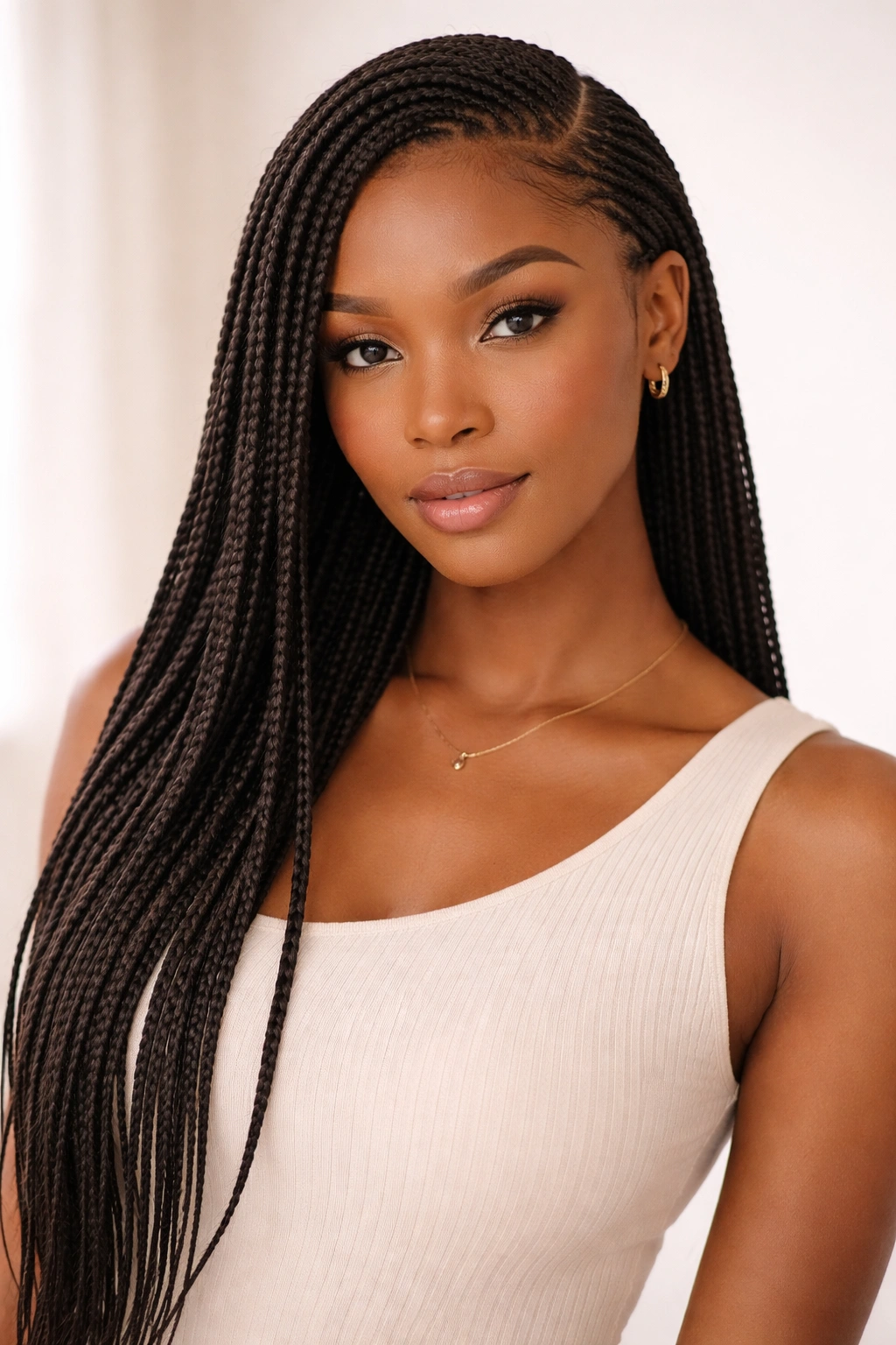 Side-part knotless braids with natural drape and smooth scalp