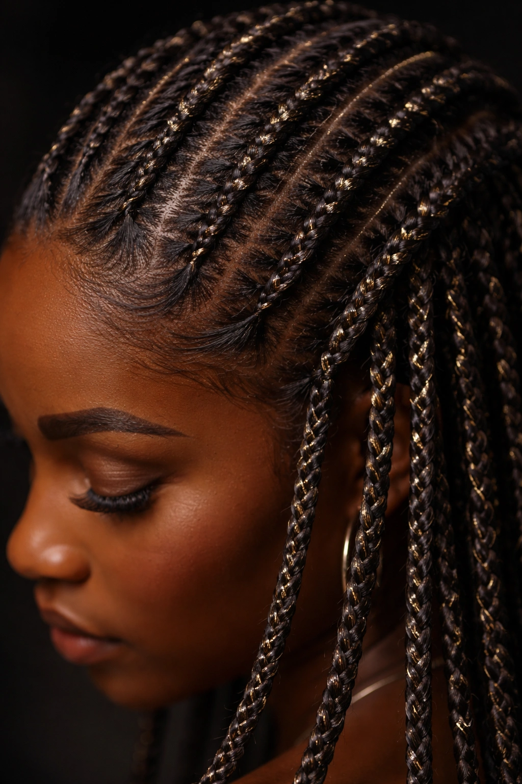 Knotless braid woven with silk or metallic thread showing subtle shimmer