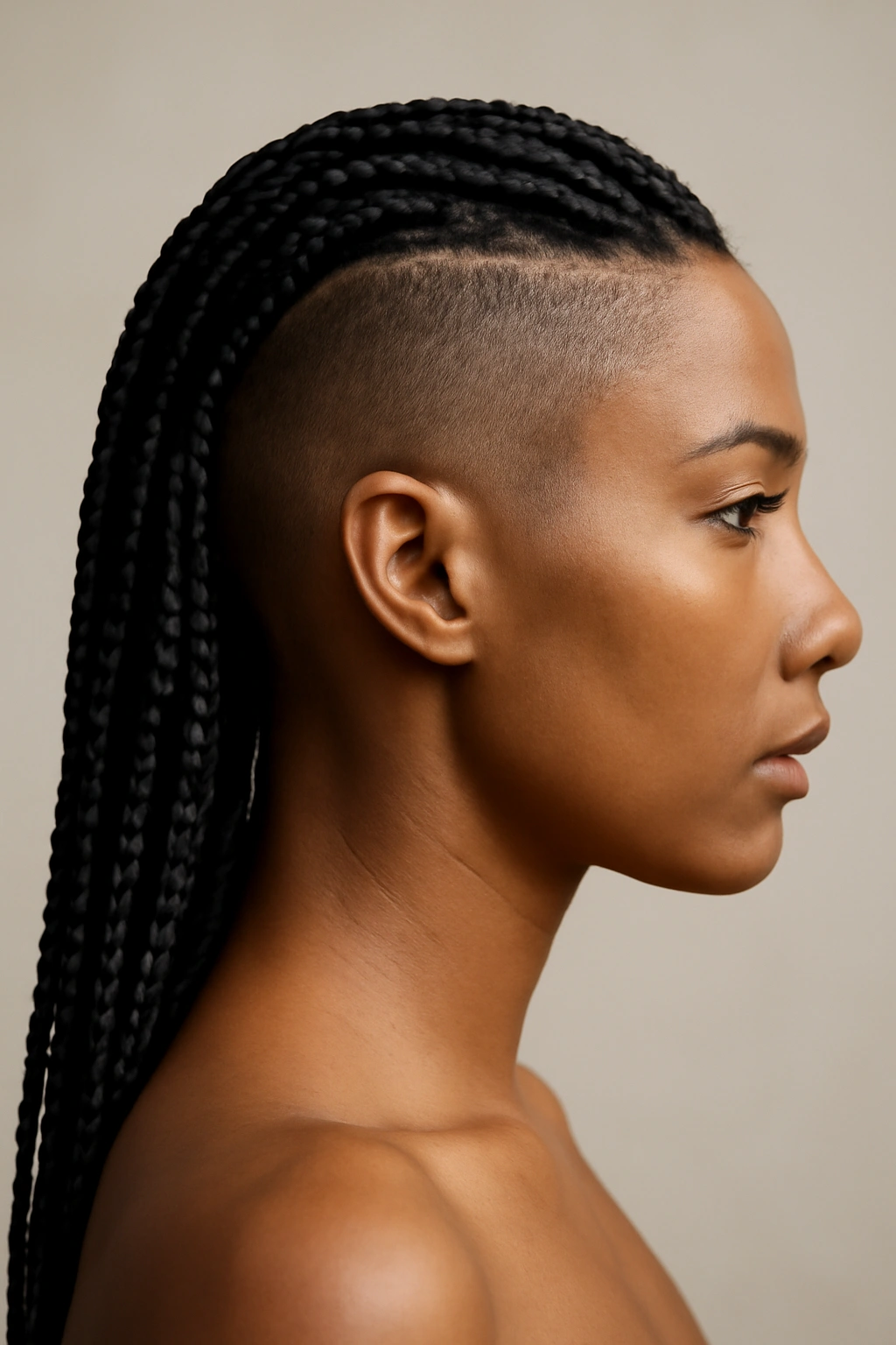 15 Knotless Braid Styles Black Women Are Wearing Now 13 Close-up profile of knotless braids with undercut and shaved sides