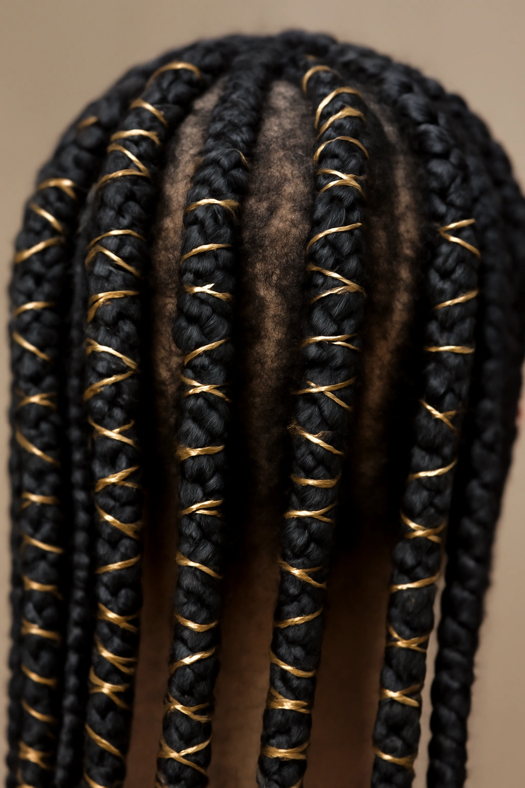15 Knotless Braid Styles Black Women Are Wearing Now 14 Knotless braids wrapped with gold thread showing striped texture