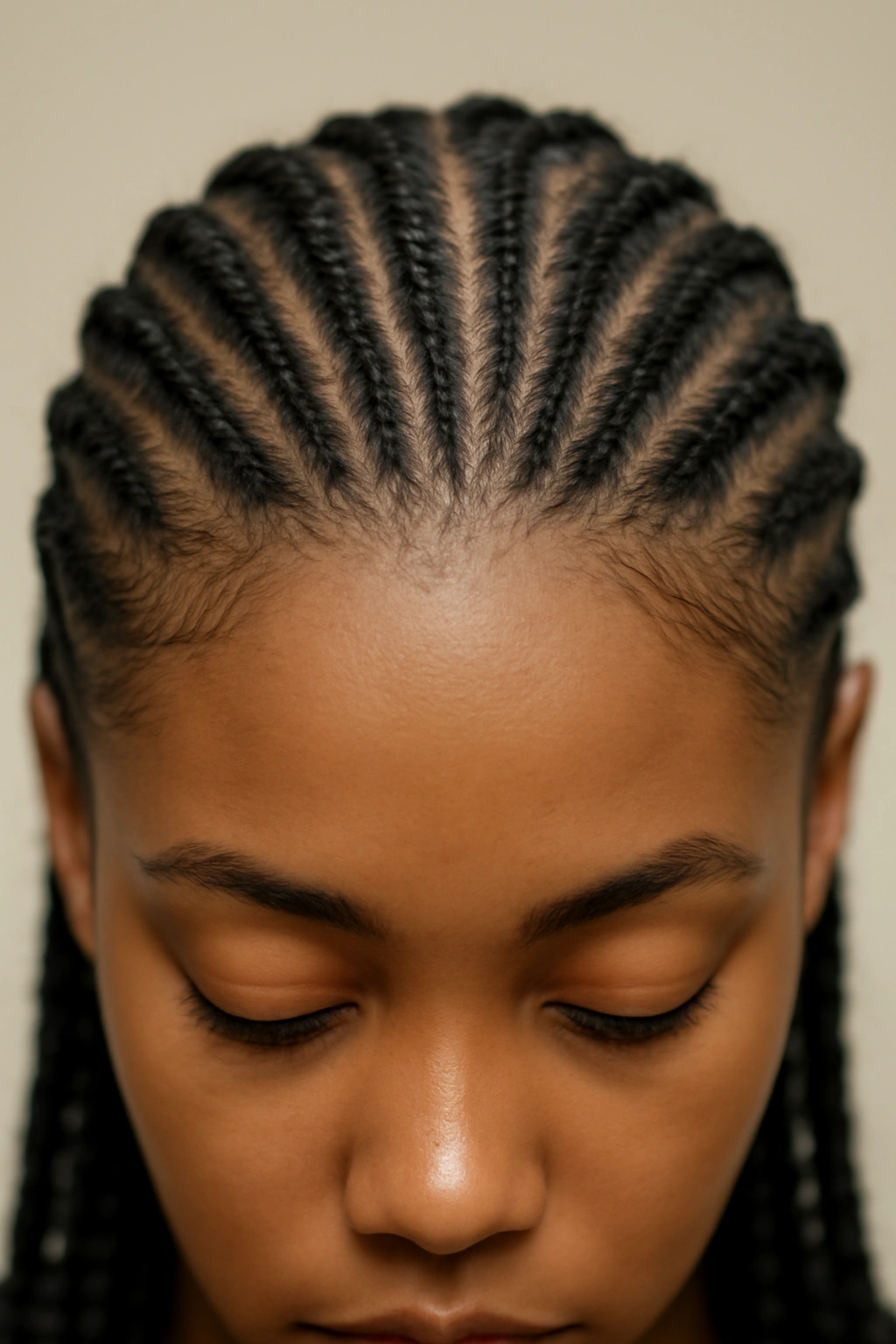 10 Knotless Braid Styles From Short Bobs to Long 3 Close-up of knotless cornrows showing straight, close-to-scalp rows.