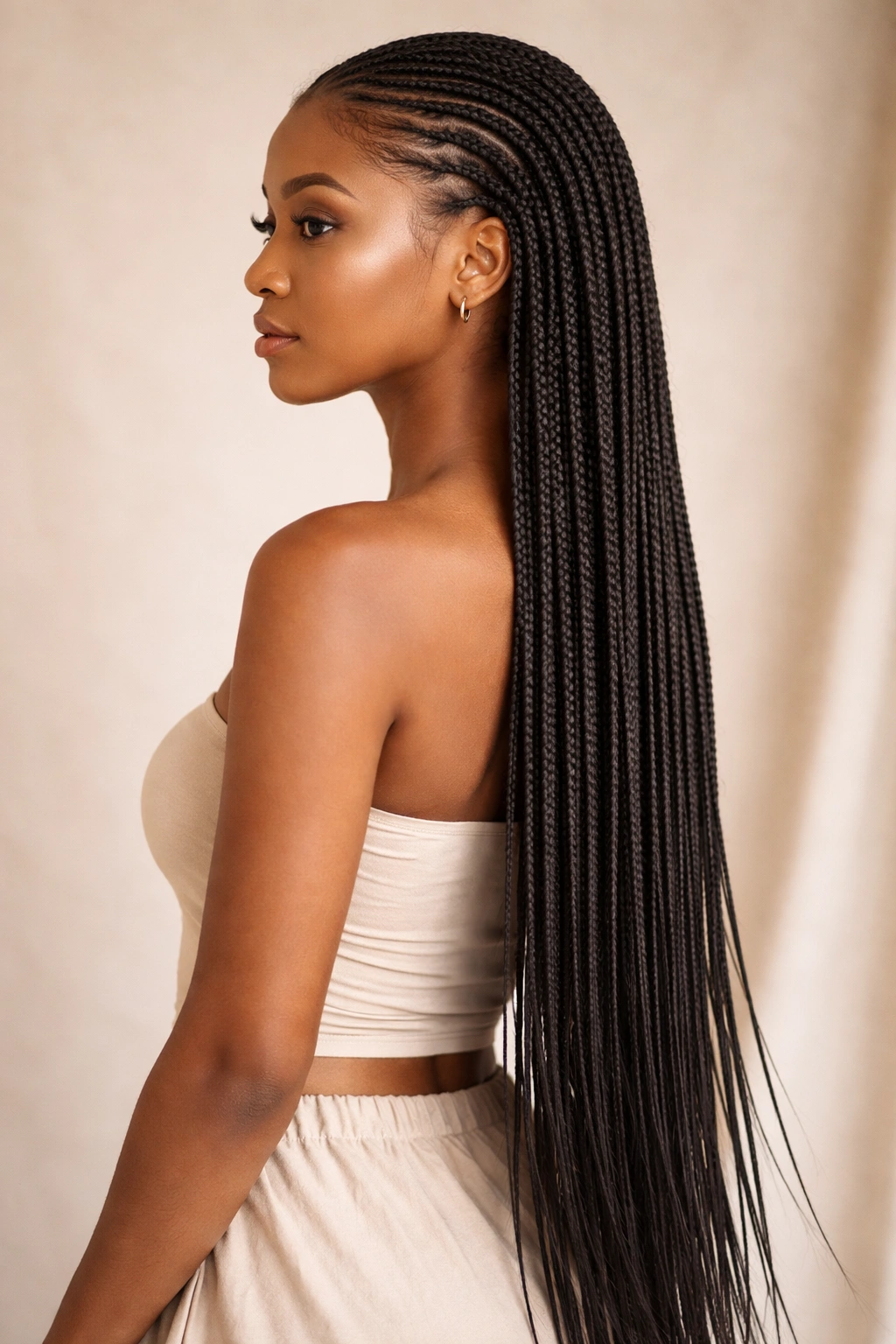 Long knotless feed-in braids with extensions showing seamless growth from scalp