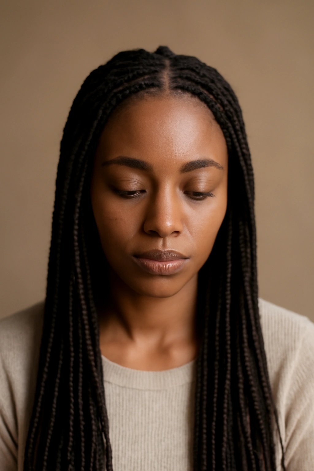 15 Knotless Braid Styles Black Women Are Wearing Now 16 Studio portrait emphasizing knotless braids in a reflective pose