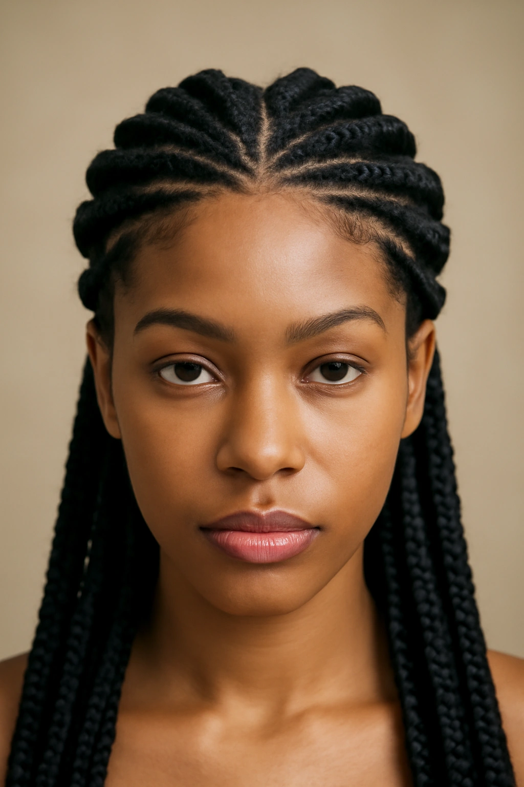 10 Knotless Braid Styles From Short Bobs to Long 5 Close-up of knotless goddess braids forming a crown-like pattern near the scalp.