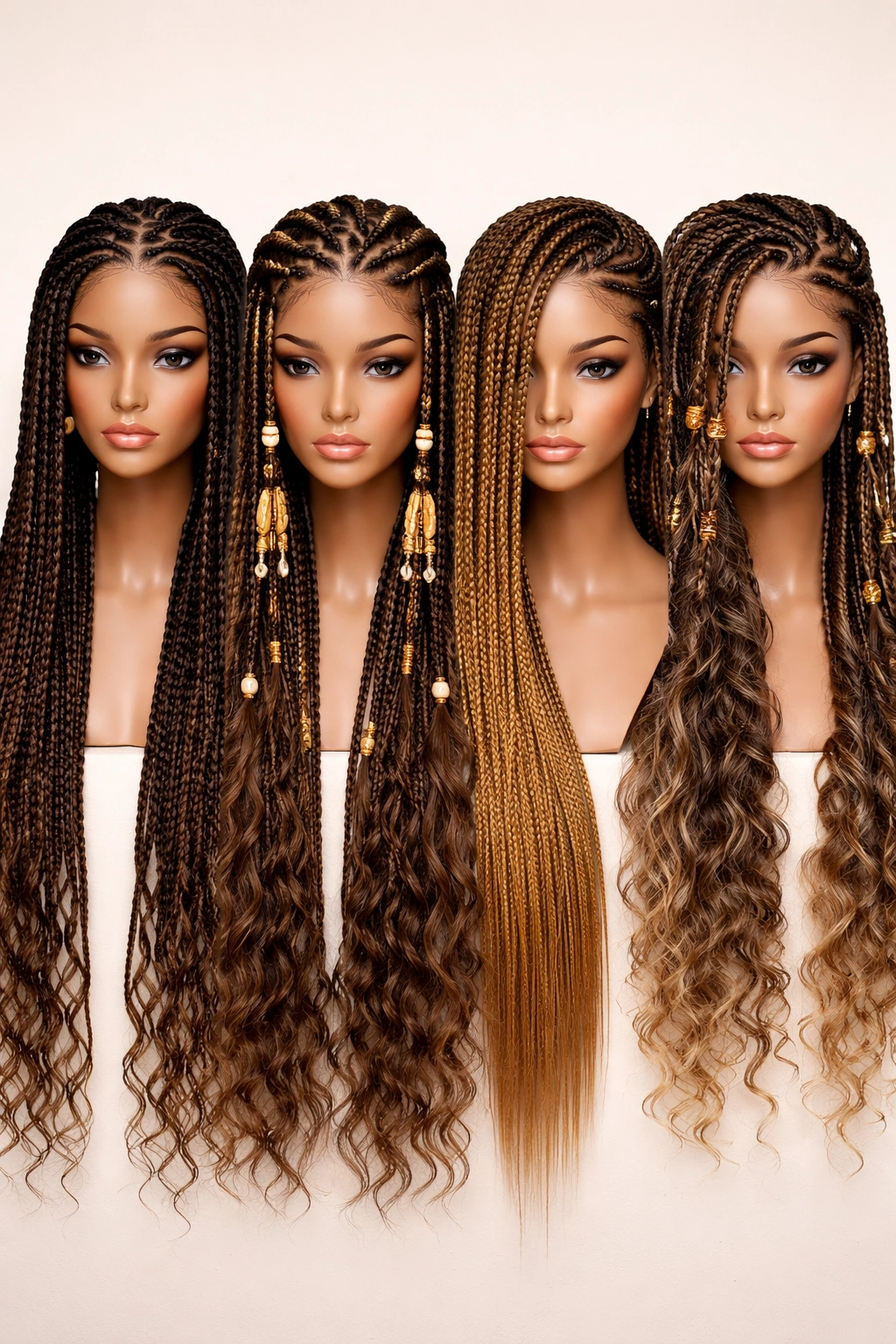 Mannequin head showcasing knotless, lemonade, Fulani, and boho braids with extensions