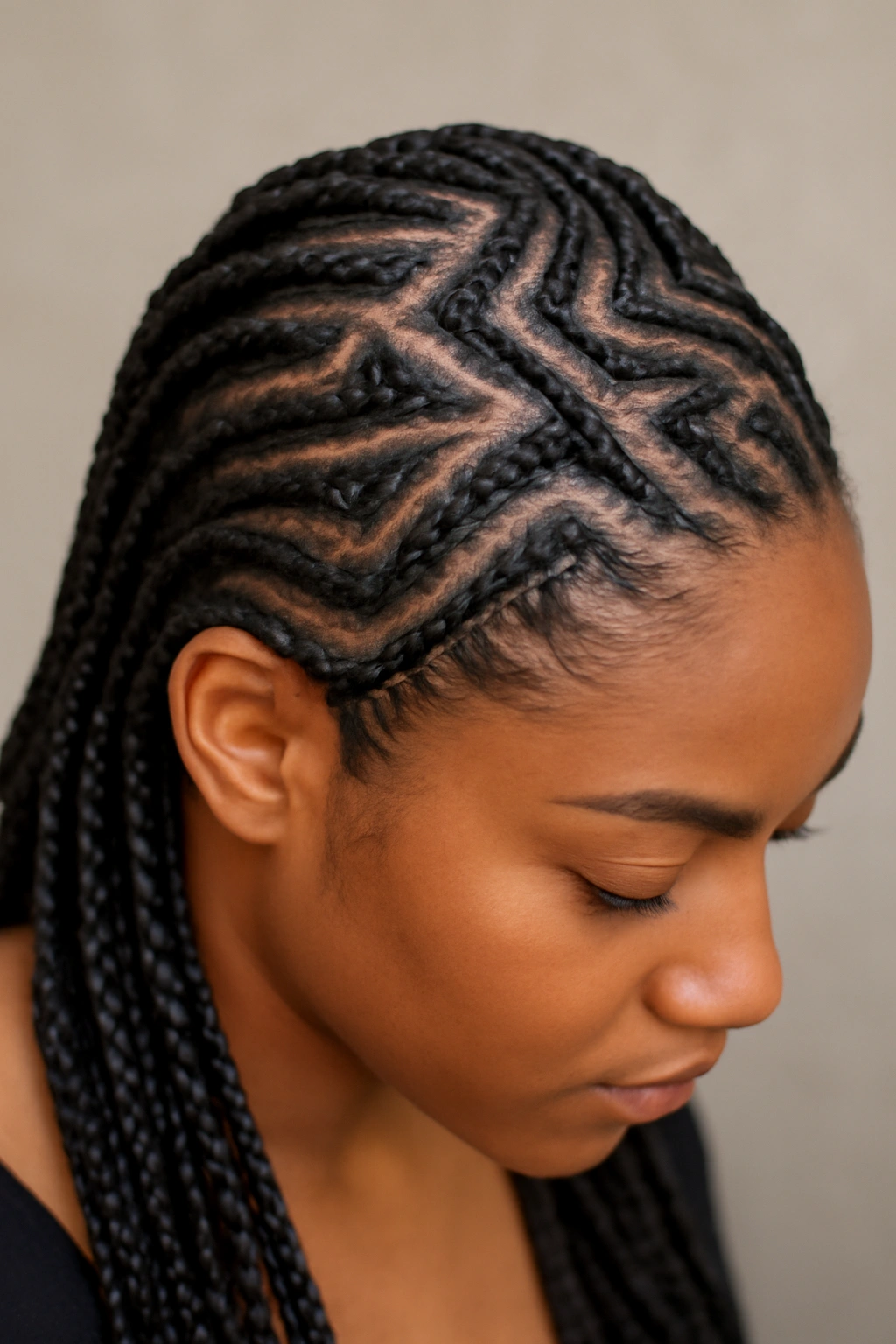 10 Knotless Braid Styles From Short Bobs to Long 10 Top-down view of knotless triangular and zigzag braids showing geometric scalp patterns
