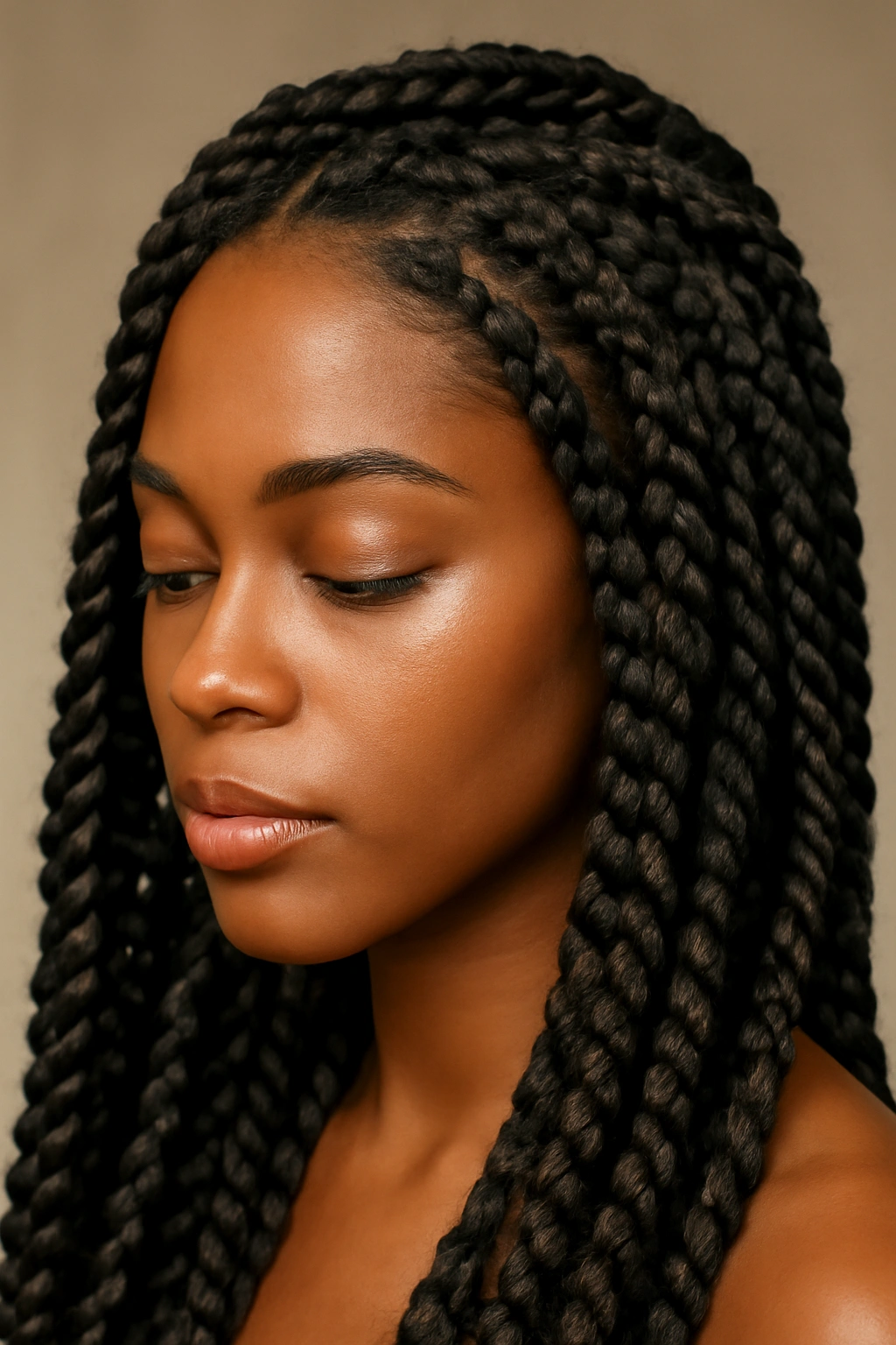 10 Knotless Braid Styles From Short Bobs to Long 6 Close-up of knotless twisted braids showing ropelike two-strand twists.