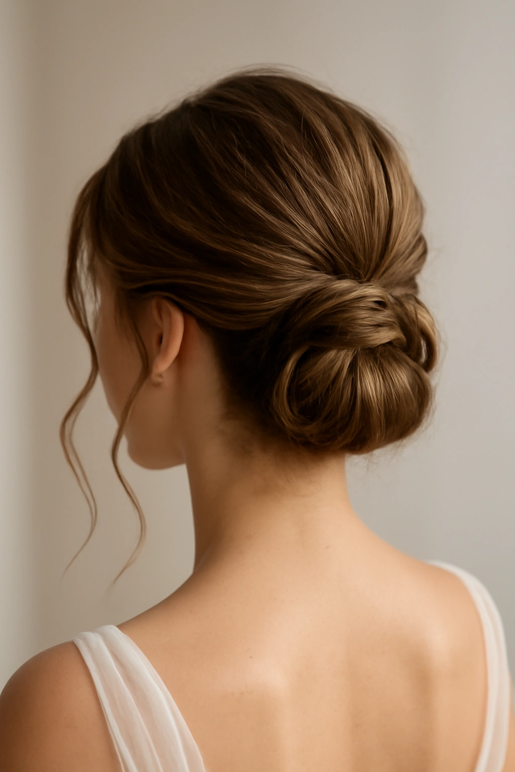 12 Bridal Updos Every Short-Haired Bride Should Try 8 Low knotted bun at the back with curling tendrils framing the face